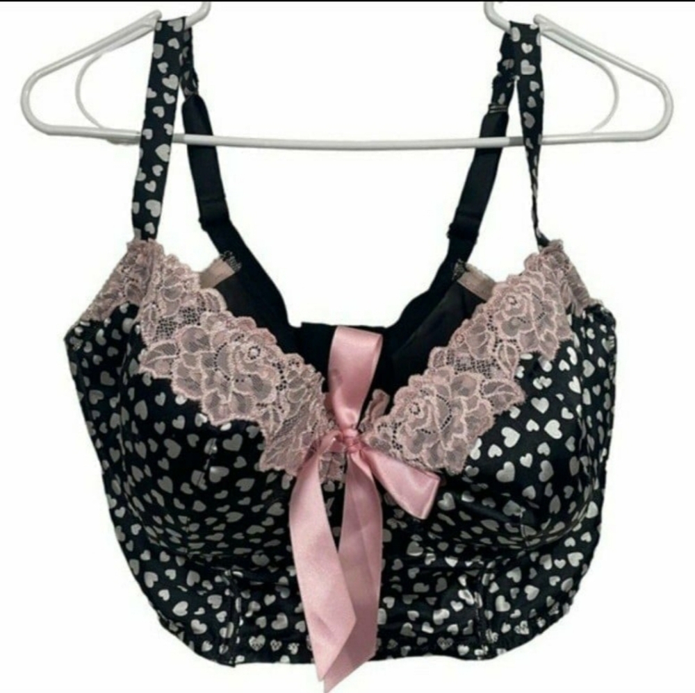Cacique 38G Satin Pink black Bustier Patterned heart bow Bra